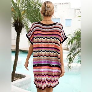 Rainbow Stripe Scalloped V-Neck Cover-Up Dress